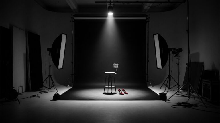An empty photo studio with a single spotlight on a black backdrop, an empty stool, and a pair of red heels left in the pool of light