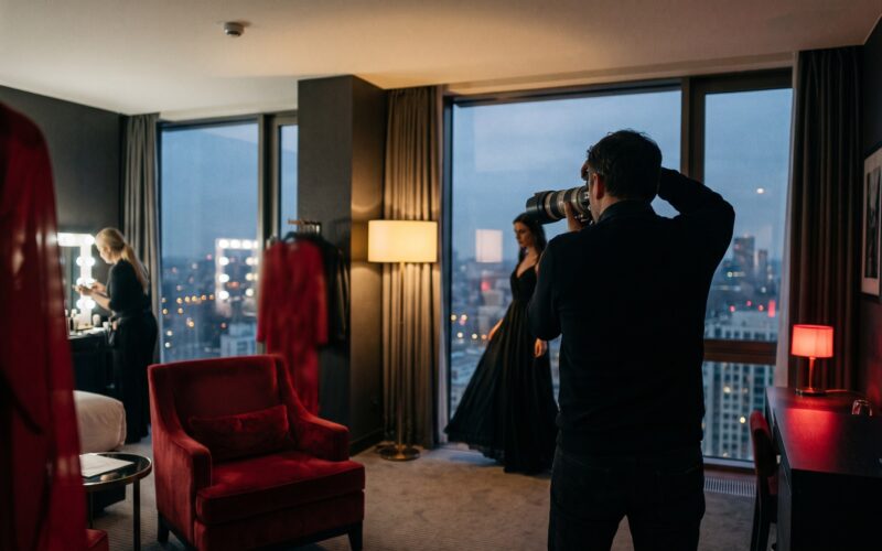 A photographer shooting wide in a dusk-lit hotel suite as a model in a black evening gown poses by floor-to-ceiling windows, with a red velvet chair and a lit makeup station in the room