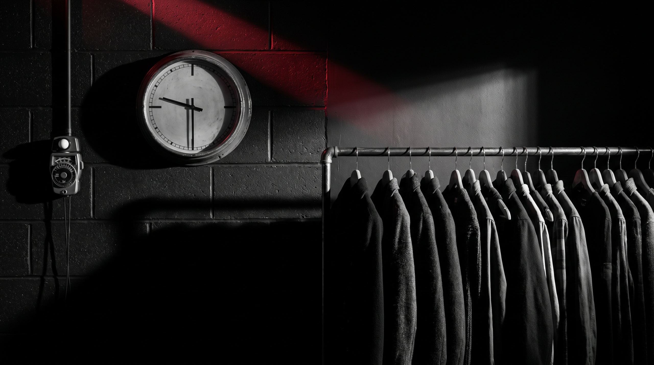 A wall clock and light meter on a black studio wall beside a wardrobe rack, lit with a red accent