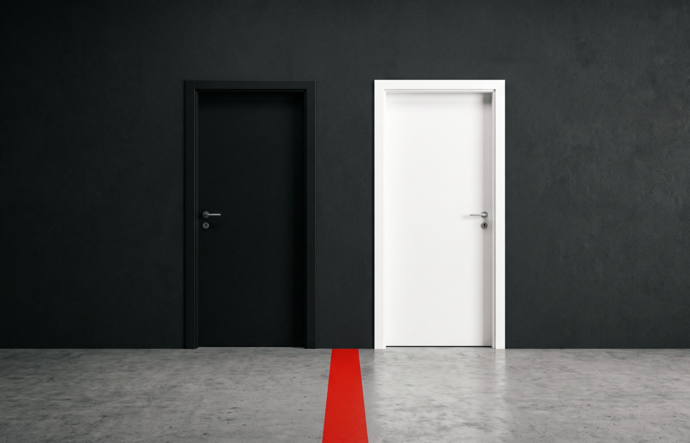Two doors side by side on a dark wall, one white and one black, with a red line on the floor separating them
