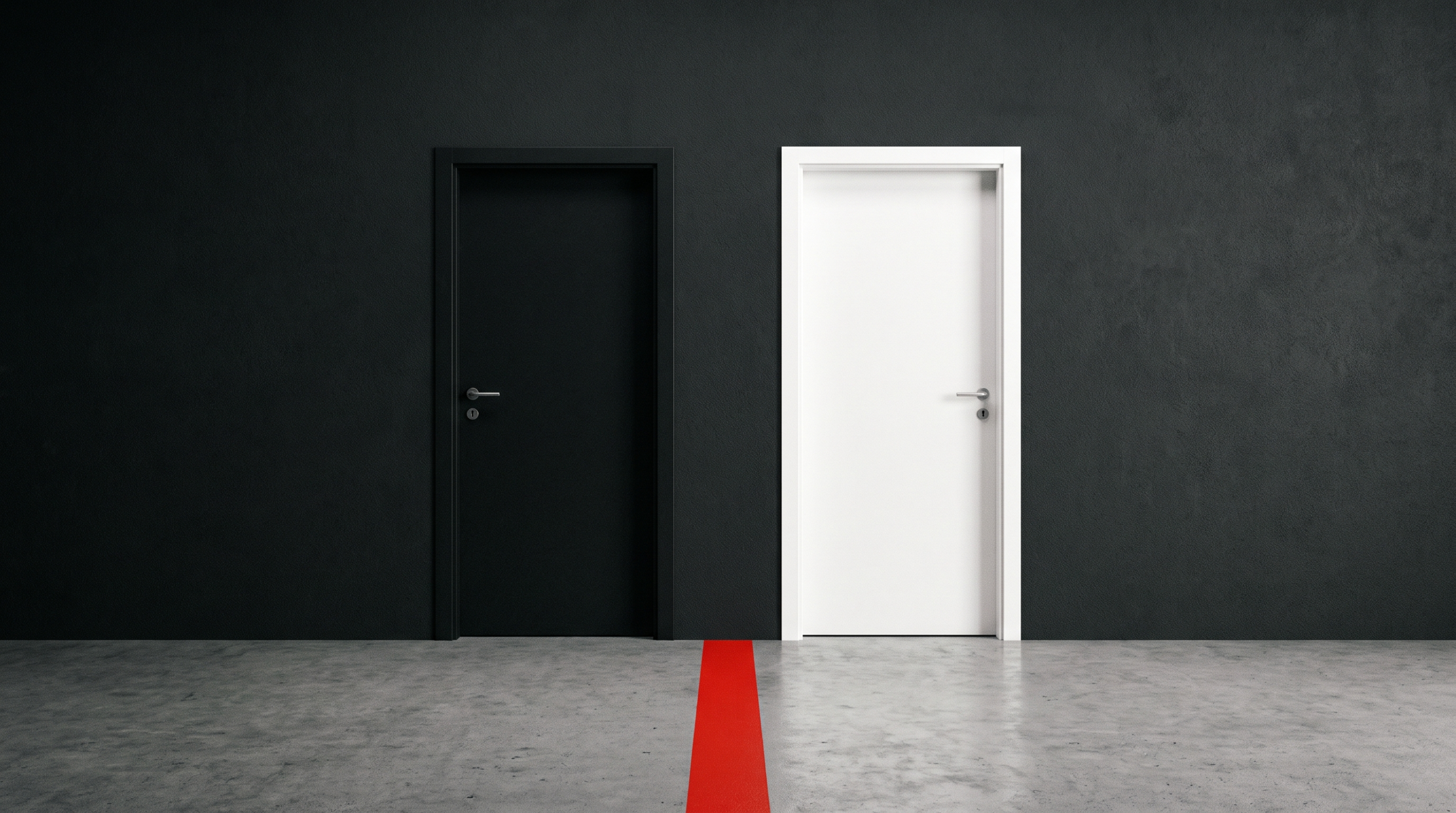 Two doors side by side on a dark wall, one white and one black, with a red line on the floor separating them