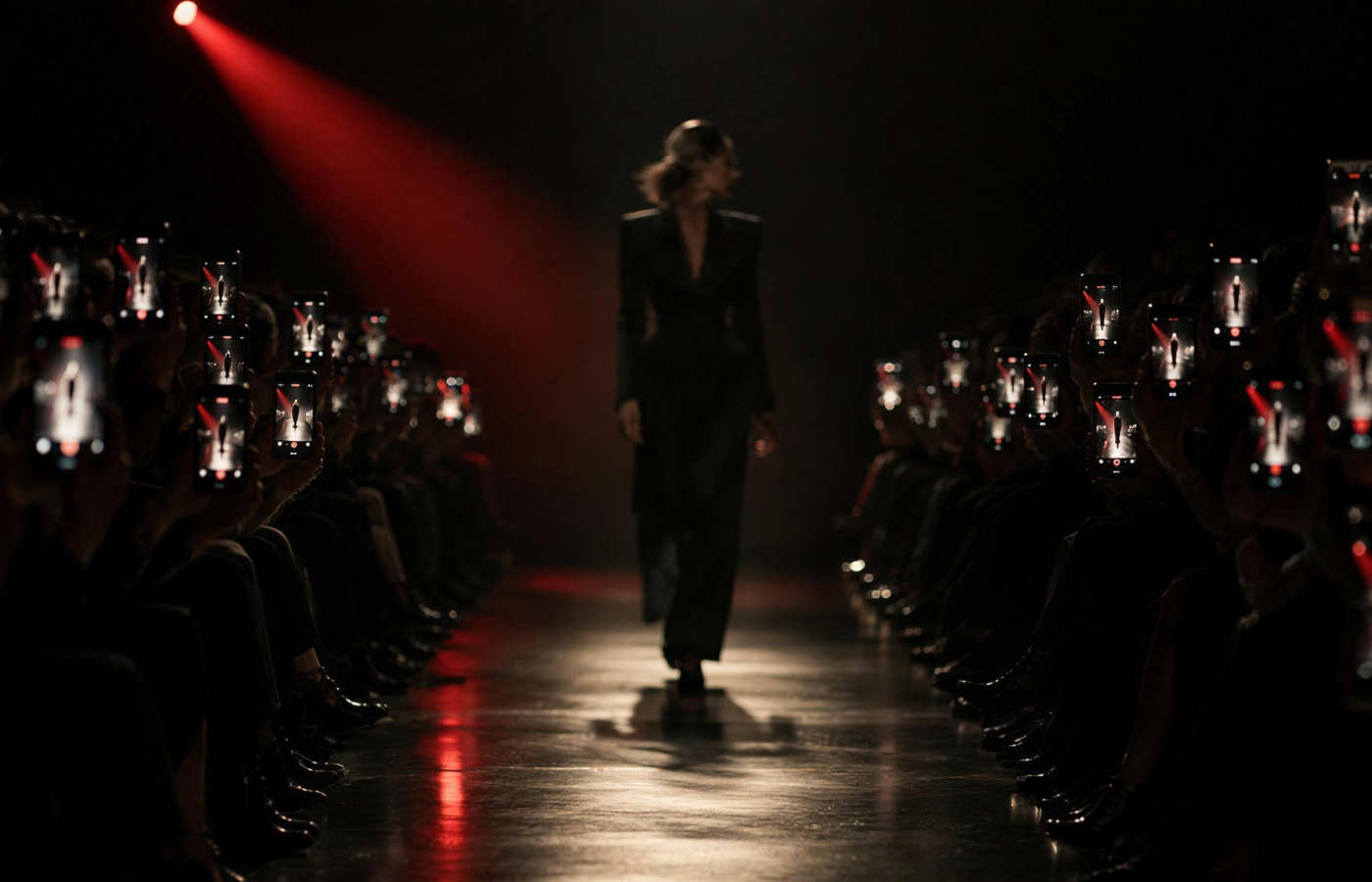 A lone runway model walks toward the end of a dark catwalk under a red spotlight while the front row films her on a wall of glowing phones.