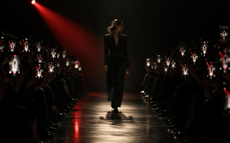 A lone runway model walks toward the end of a dark catwalk under a red spotlight while the front row films her on a wall of glowing phones.