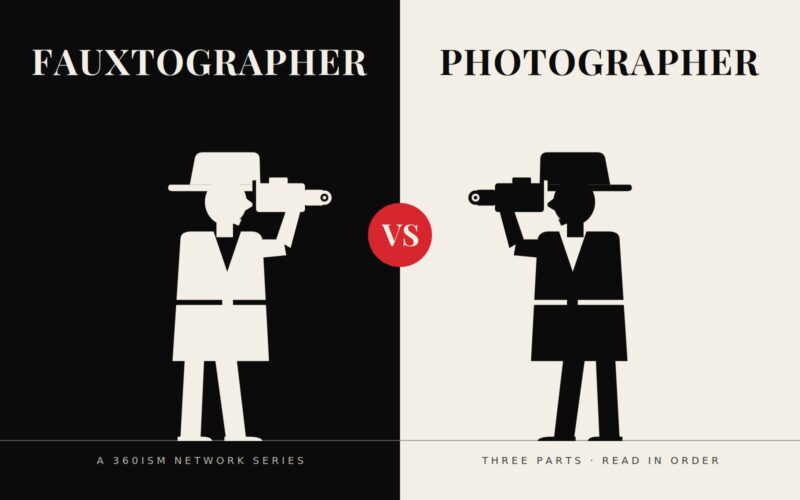 Two mirrored silhouettes in hats and trench coats, one white on black and one black on white, each with a camera raised to the eye, facing off across a red VS badge. Fauxtographer vs. Photographer.