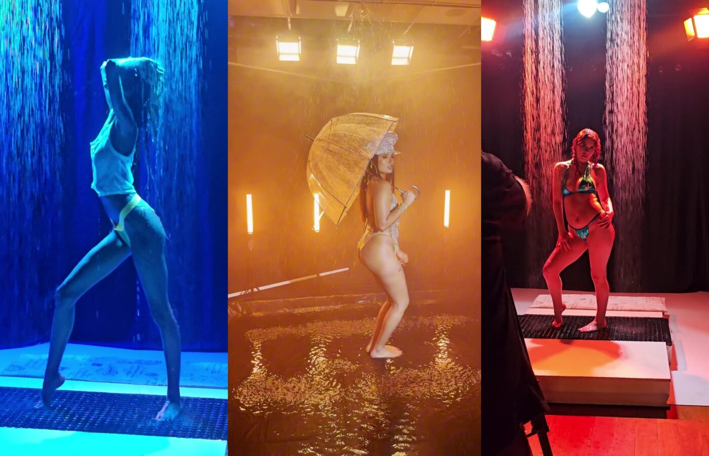 Three frames from the 360ism Rain Room: a model under blue backlit rain, a model with an umbrella in warm gold light and fog, and a model under red backlit rain