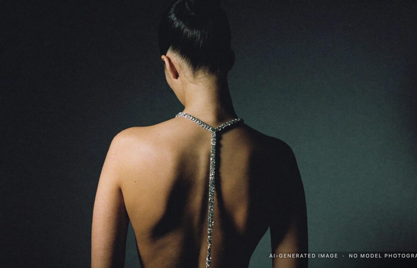 AI-generated editorial image, labeled as such in the lower right: a figure photographed from behind on a studio backdrop, face not visible, with a silver and diamond chain down the spine.