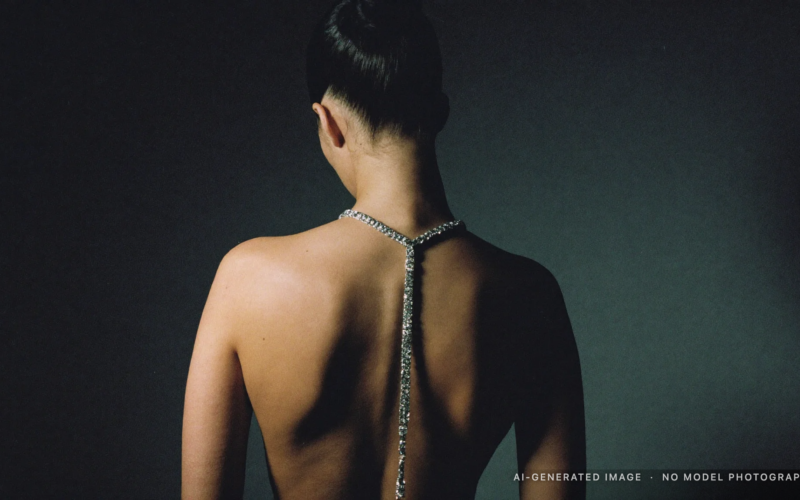 AI-generated editorial image, labeled as such in the lower right: a figure photographed from behind on a studio backdrop, face not visible, with a silver and diamond chain down the spine.