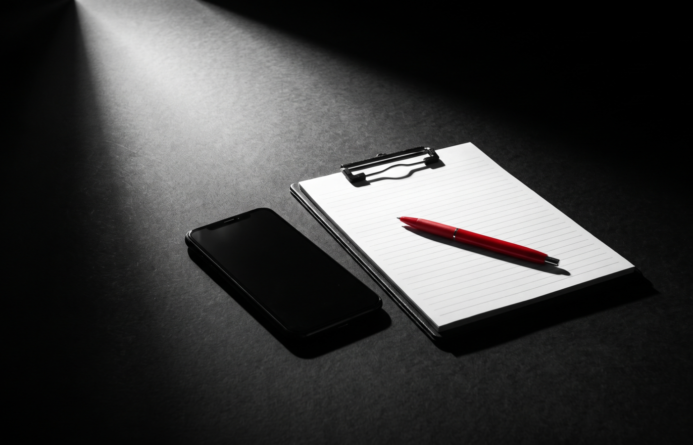 A phone face down on a black studio floor beside a blank shot list on a clipboard with a red pen, under a spotlight