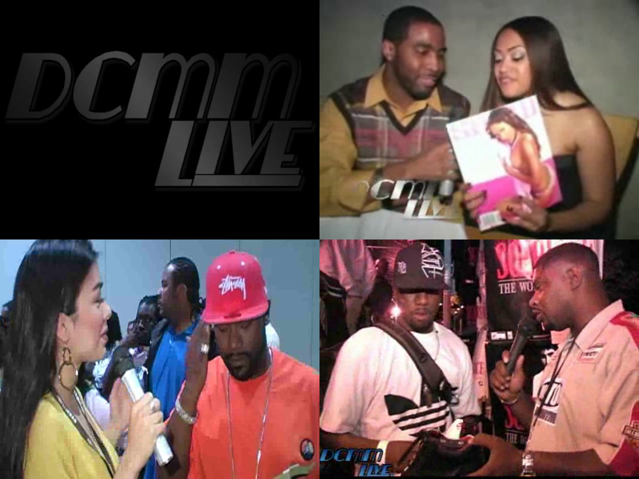 Four frames from DCMM Live TV: the show title card, an interview on set, an interview with a name caption on screen, and an event interview with the DCMM Live logo