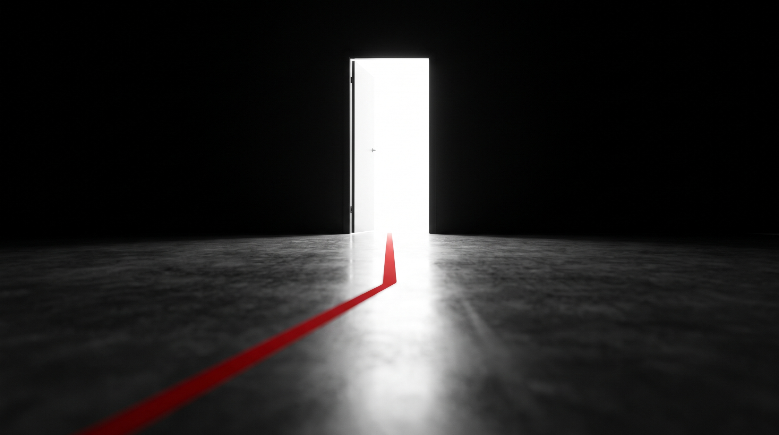 An open doorway in a black wall with white light spilling onto a dark floor and a red line leading toward it
