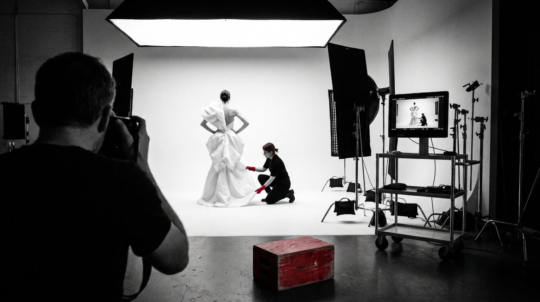 A magazine photoshoot in progress in a dark studio: a model on a white cyclorama under a large overhead softbox, a stylist adjusting the garment, and a tethered monitor on a cart