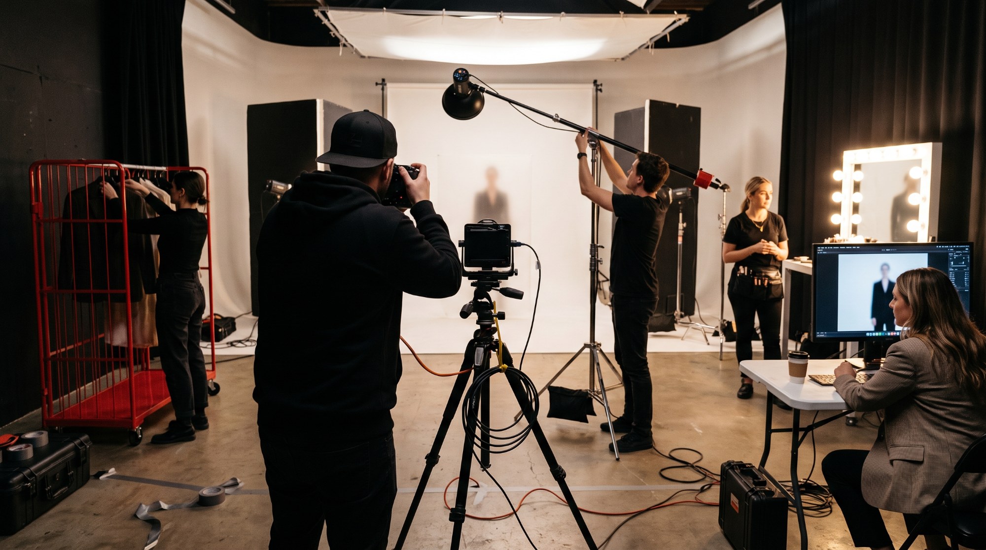 A production day in a photo studio seen from behind the camera, with a stylist at a wardrobe rack, a makeup station, and a client watching a monitor while a subject stands far away on a cyclorama