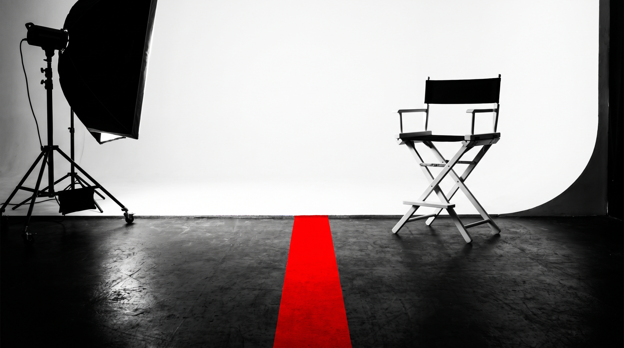 A red line painted across a dark studio floor between a studio strobe and an empty director's chair