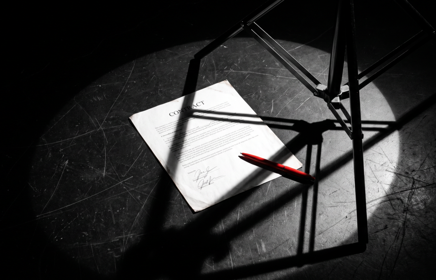 A signed agreement on a black studio floor under a spotlight with a red pen and the shadow of a light stand