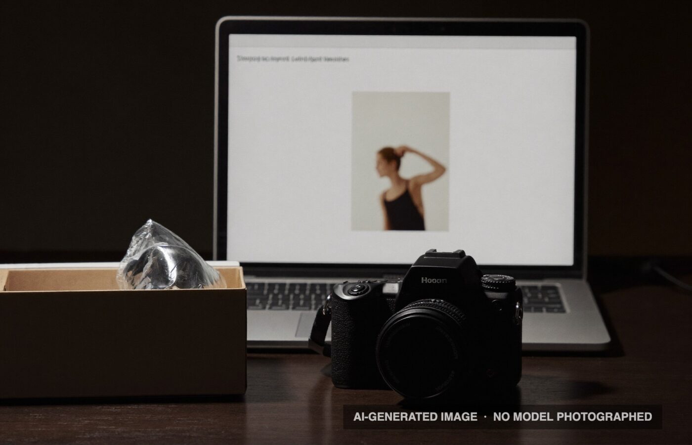 A new camera beside its opened box on a dark desk, a laptop behind it showing a portfolio website. AI-generated illustration, labeled; no model was photographed.