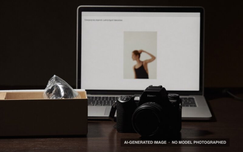 A new camera beside its opened box on a dark desk, a laptop behind it showing a portfolio website. AI-generated illustration, labeled; no model was photographed.