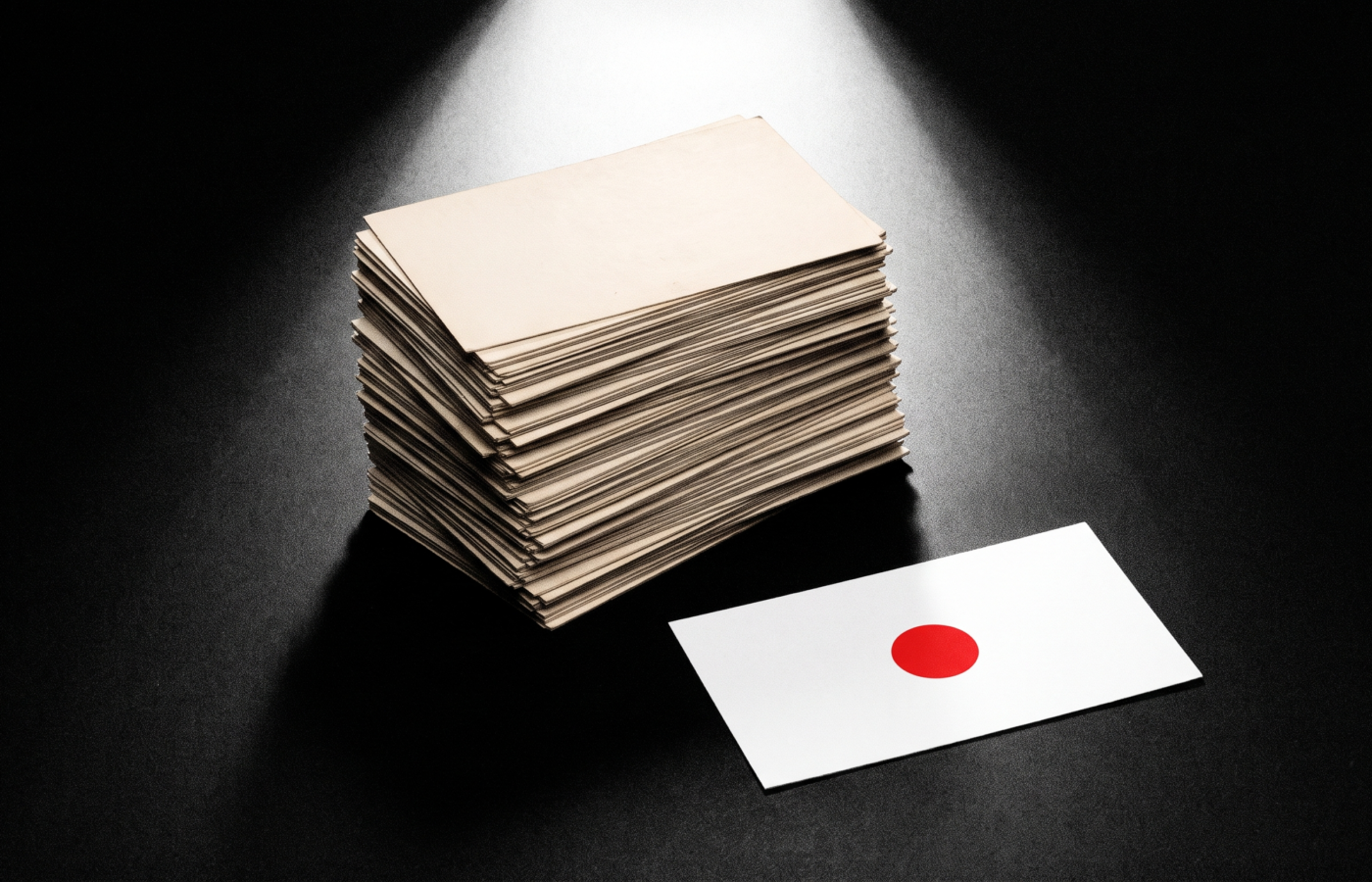A tall stack of yellowed index cards under a spotlight beside one crisp new card marked with a red dot