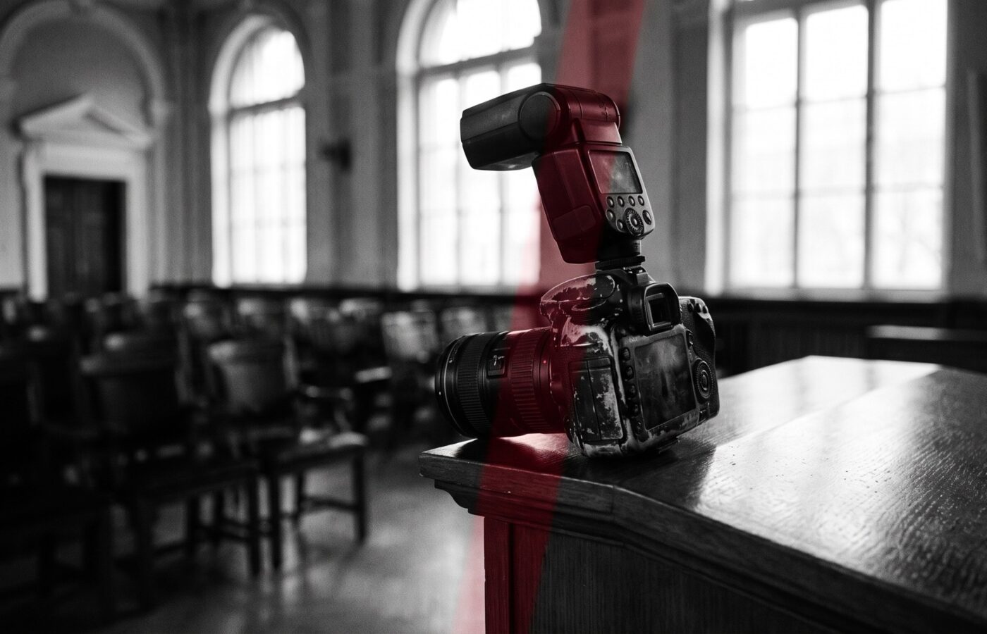 A worn DSLR with an on-camera flash resting on the edge of a podium in an empty ceremony hall, black and white with a red accent light