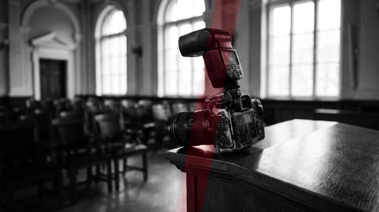 A worn DSLR with an on-camera flash resting on the edge of a podium in an empty ceremony hall, black and white with a red accent light
