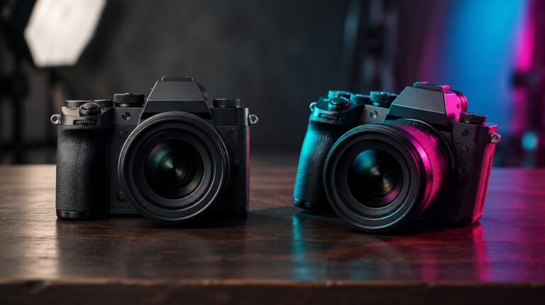 Two cameras side by side on a studio table: one square and evenly lit, the other slightly tilted under vivid teal and magenta light