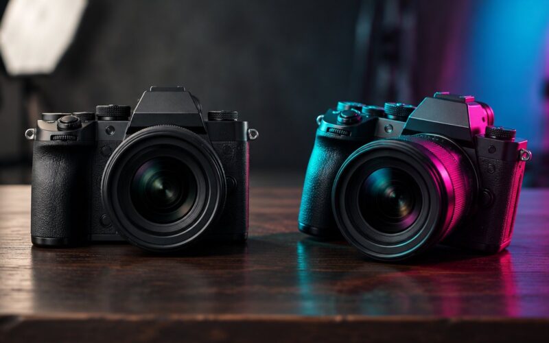 Two cameras side by side on a studio table: one square and evenly lit, the other slightly tilted under vivid teal and magenta light