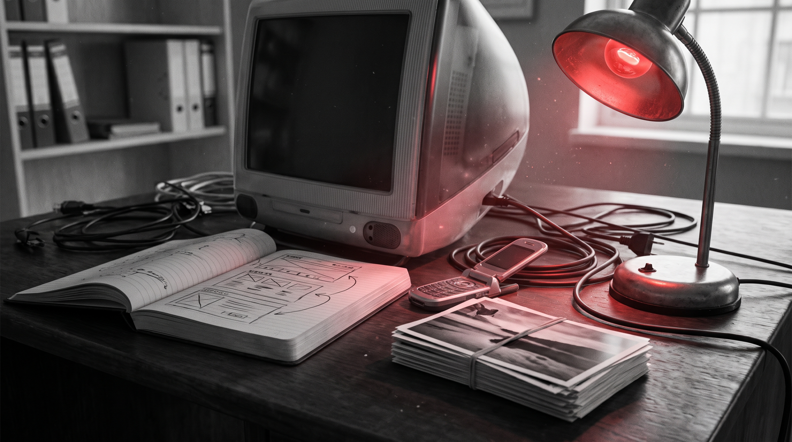 A 2000s-era desk with a CRT monitor, a flip phone, face-down prints, and a notebook of website sketches