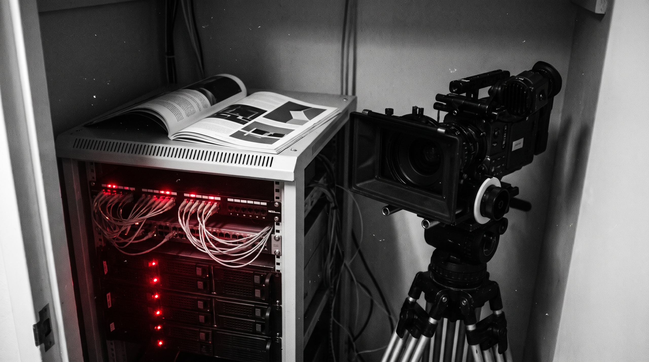 A server rack with red indicator lights beside a cinema camera on a tripod, with a printed magazine resting on top