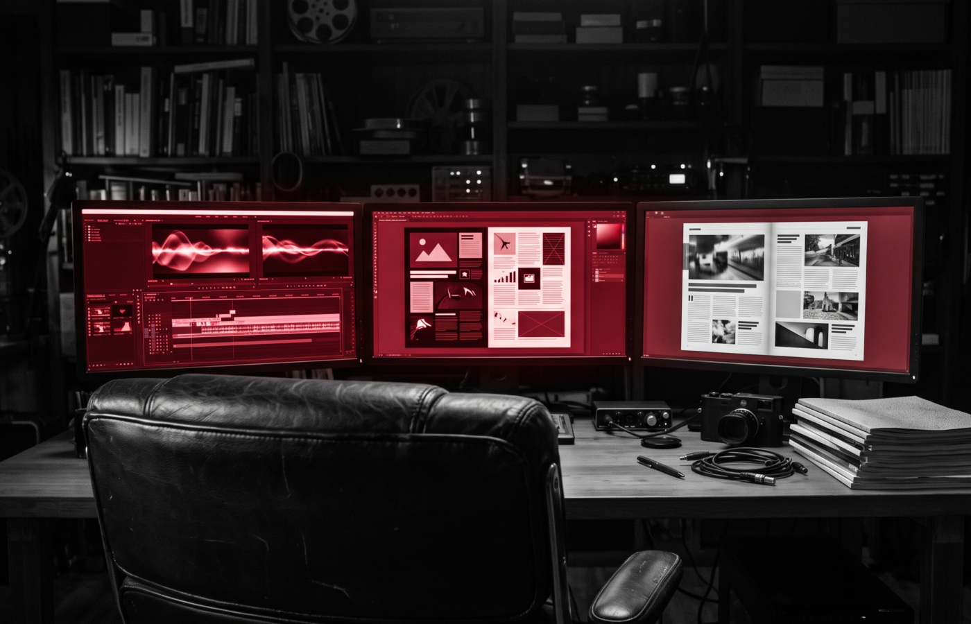 A dark media control room with three monitors showing video, article and magazine layouts beside a stack of magazines and an empty chair
