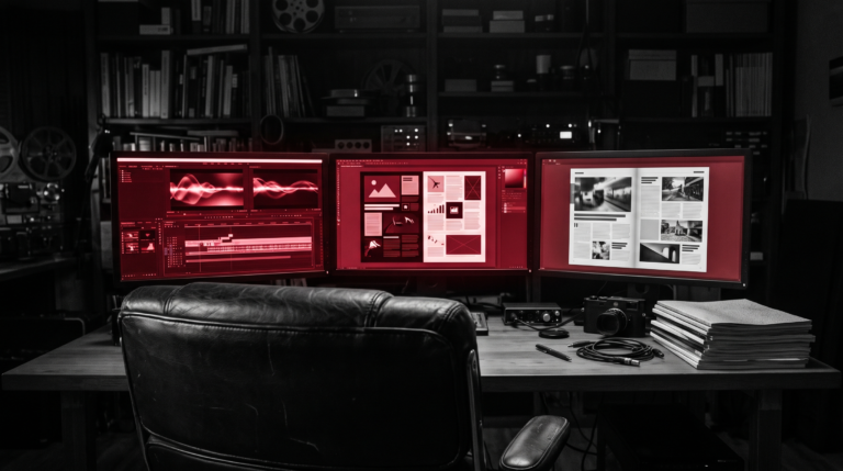 A dark media control room with three monitors showing video, article and magazine layouts beside a stack of magazines and an empty chair