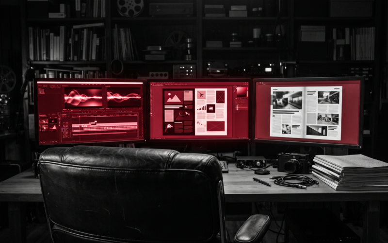 A dark media control room with three monitors showing video, article and magazine layouts beside a stack of magazines and an empty chair