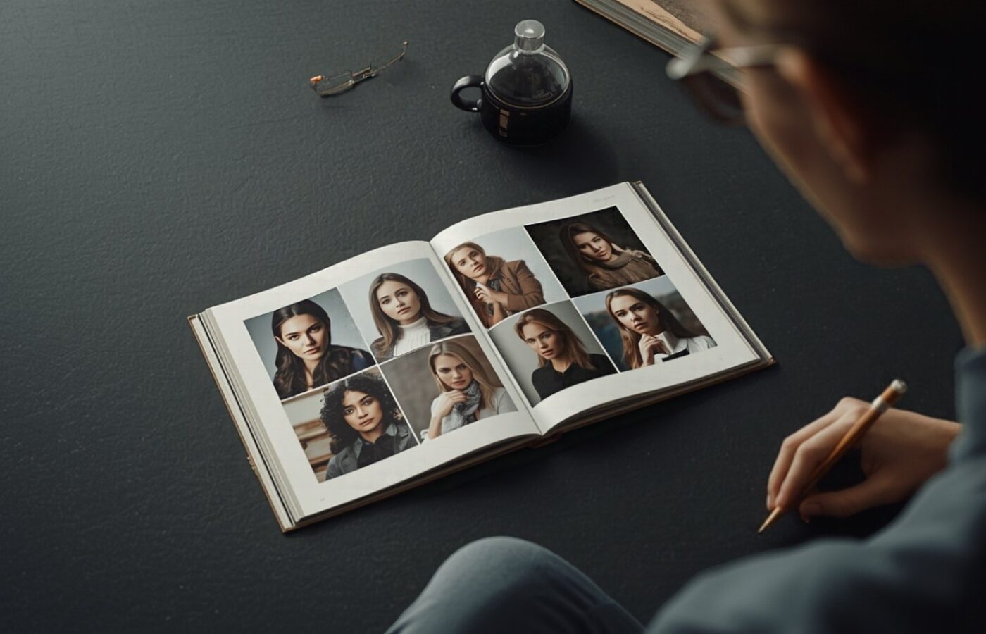 A reviewer with a pencil looks over an open portfolio book of model portraits on a dark desk