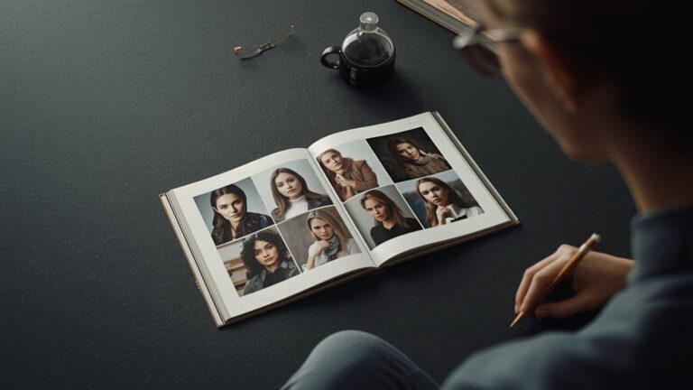 A reviewer with a pencil looks over an open portfolio book of model portraits on a dark desk
