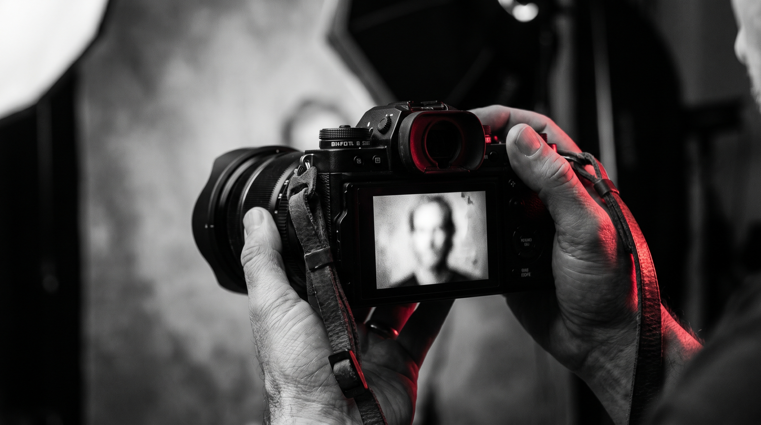 A photographer holding a camera whose screen shows a portrait with an uneven, blown-out background