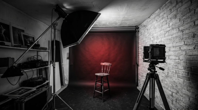 A cramped small photo studio with a low ceiling, a softbox nearly touching it, and a backdrop only a few feet behind an empty stool