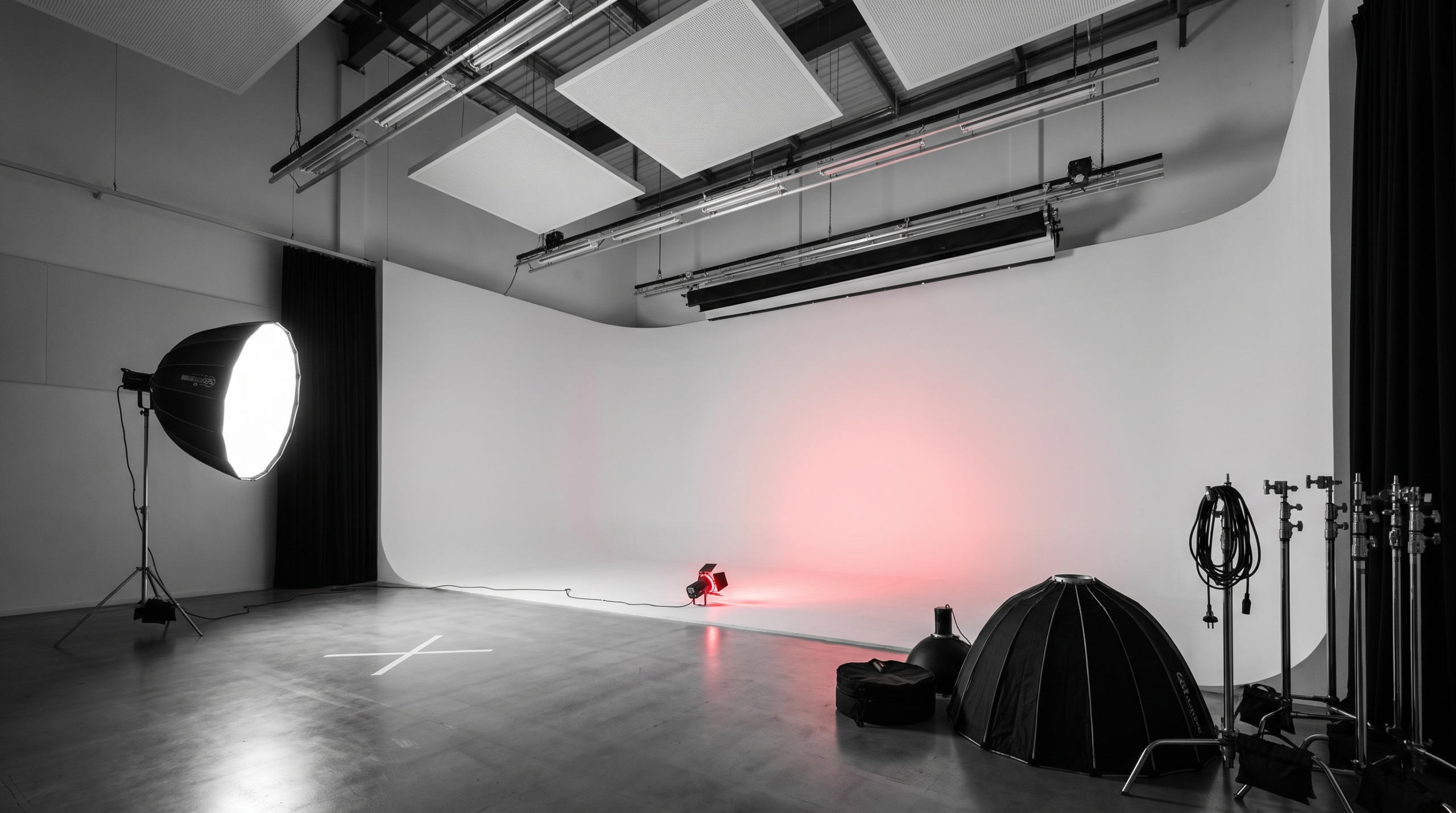 A large studio with a white cyclorama wall, separate background lights, a key light aimed at an empty mark, and a tall ceiling