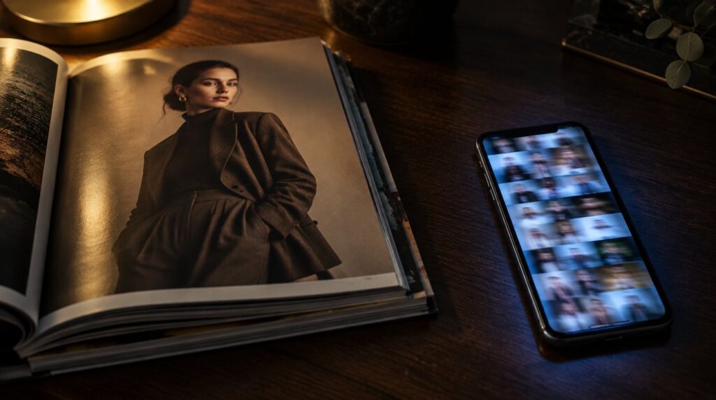 An open fashion magazine showing a full-page model portrait in warm light, beside a smartphone glowing with a grid of tiny photo thumbnails