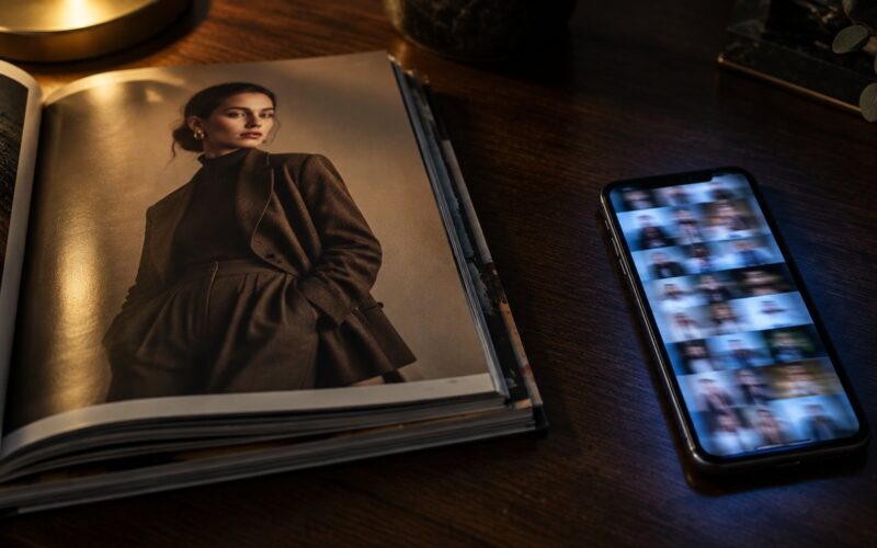 An open fashion magazine showing a full-page model portrait in warm light, beside a smartphone glowing with a grid of tiny photo thumbnails