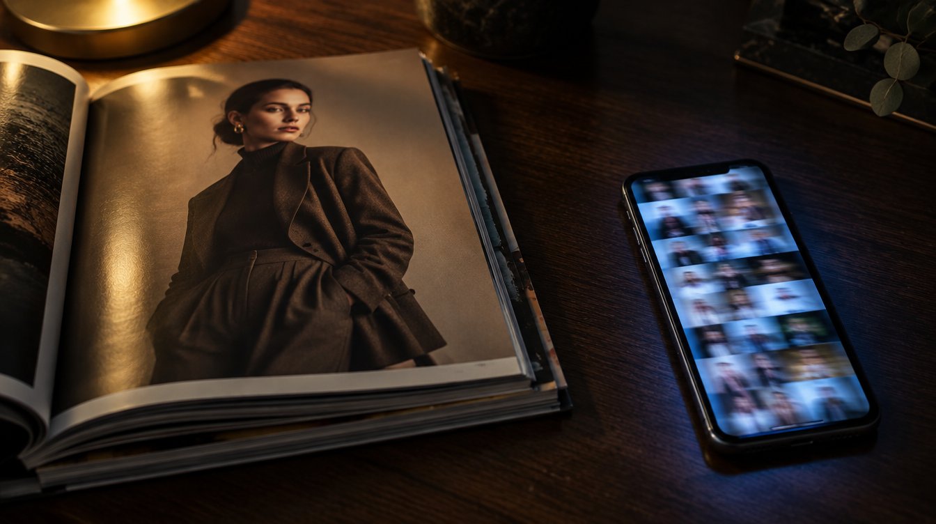 An open fashion magazine showing a full-page model portrait in warm light, beside a smartphone glowing with a grid of tiny photo thumbnails
