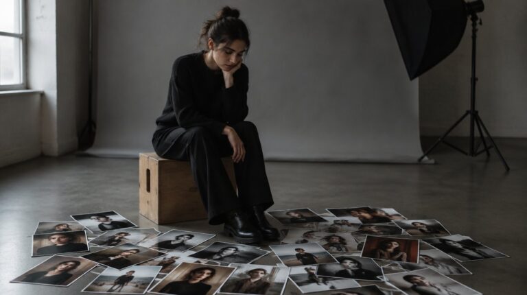 A model sits alone on an apple box in an empty photo studio, looking down at dozens of prints of herself scattered across the floor