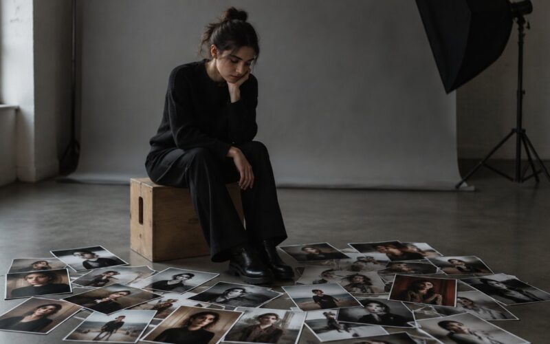 A model sits alone on an apple box in an empty photo studio, looking down at dozens of prints of herself scattered across the floor