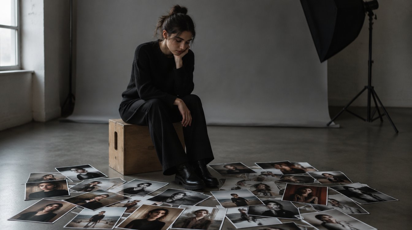 A model sits alone on an apple box in an empty photo studio, looking down at dozens of prints of herself scattered across the floor